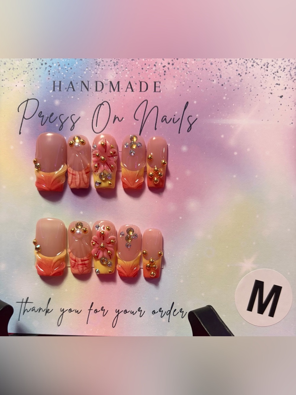 Handmade Coral Floral Accent Press-On Nail Set